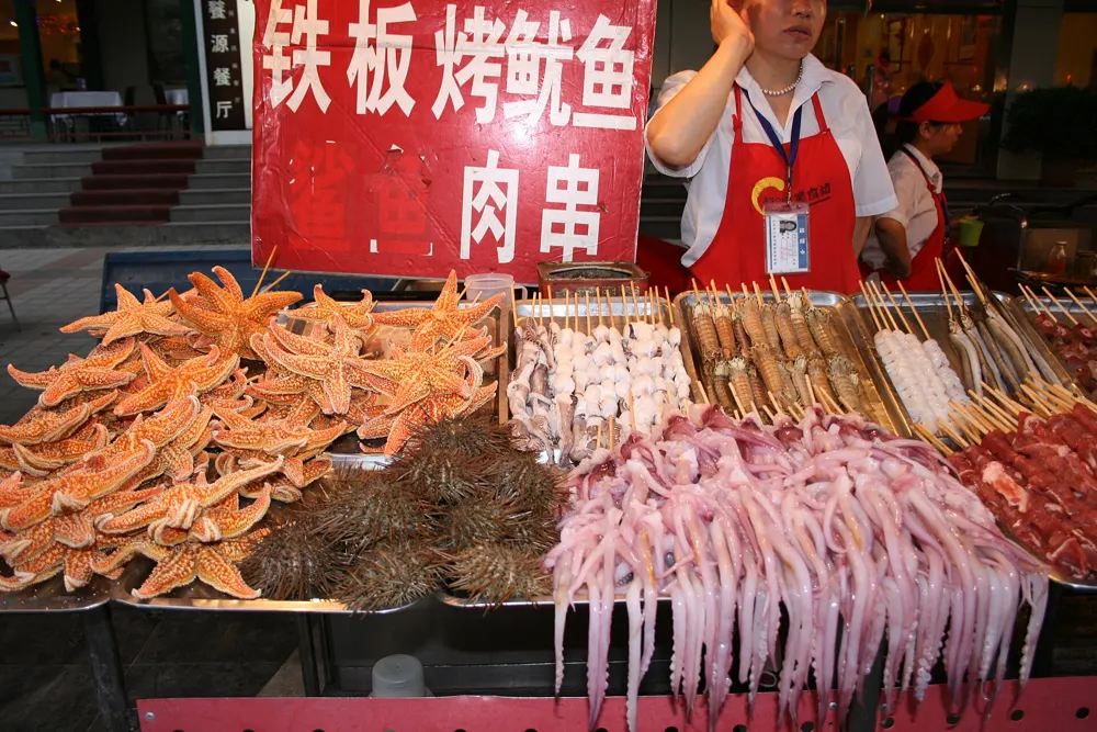 Skewers and seafood at a Beijing street food stall